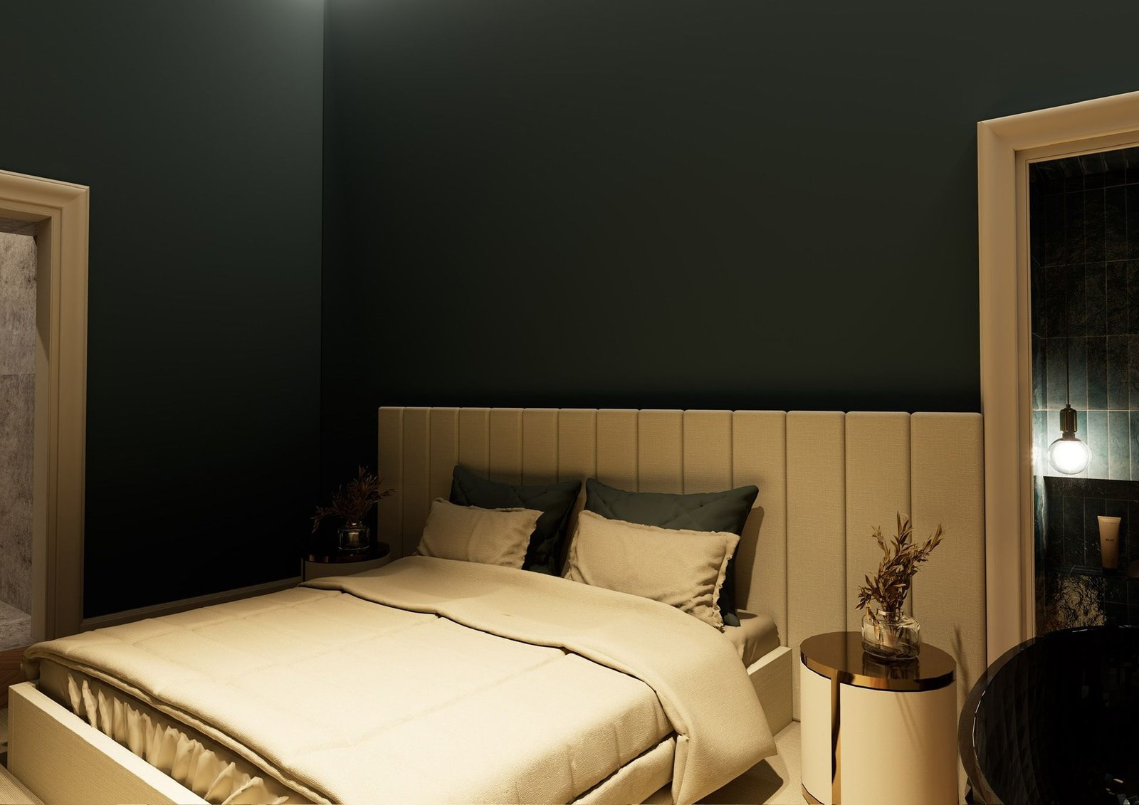 Bedroom with deep green walls and upholstered headboard