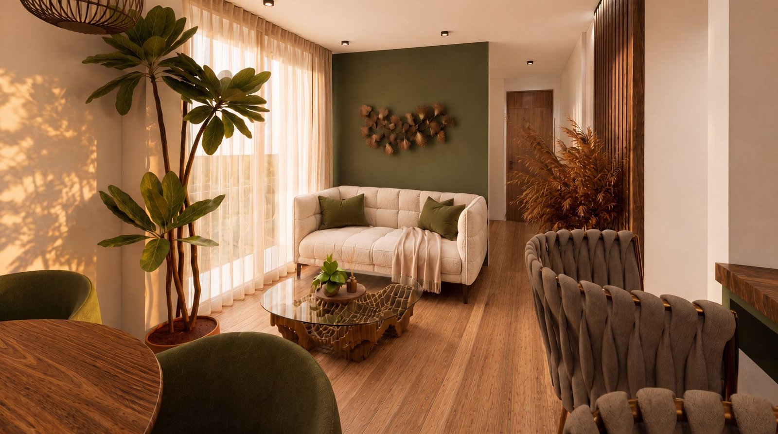 Living room with linen sofa and woven armchair