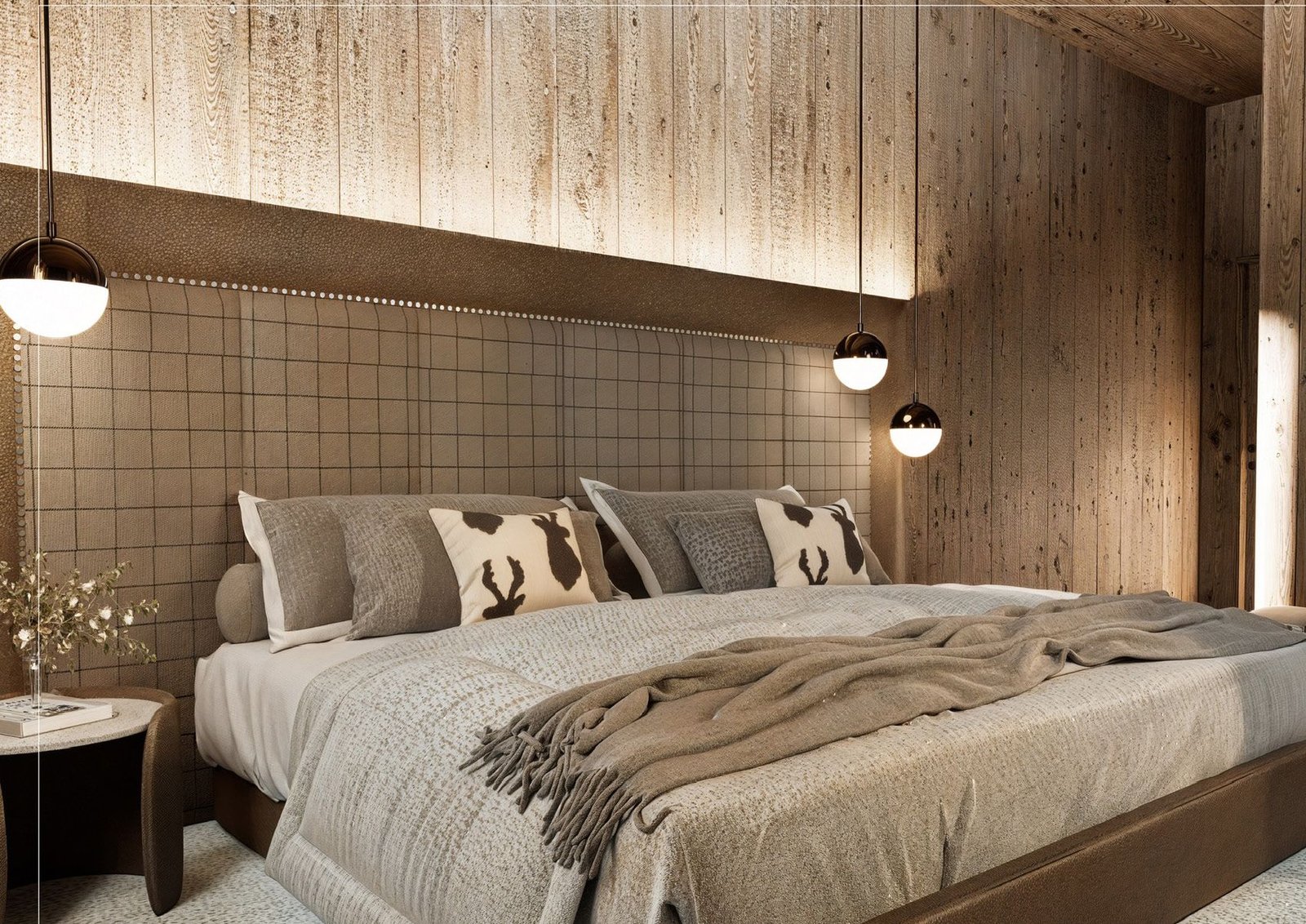 Bedroom with wool headboard and wood walls