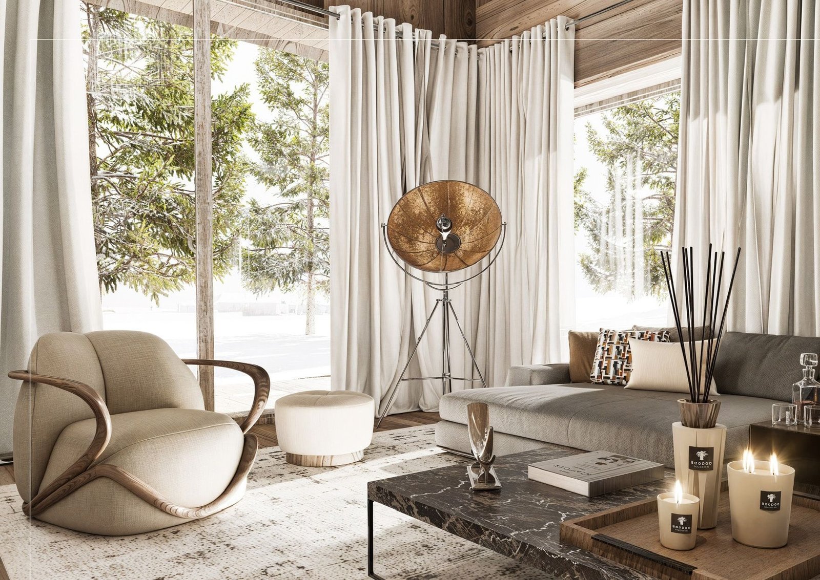 Lounge with curved armchair and snowy forest view