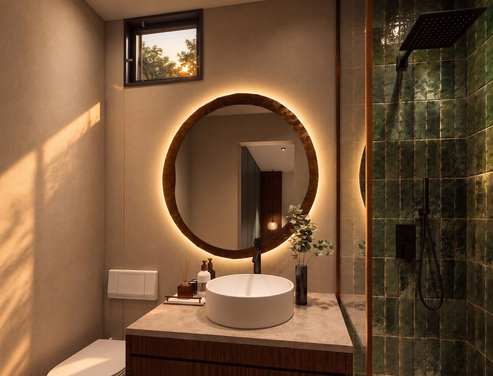 Bathroom with round backlit mirror and wood vanity