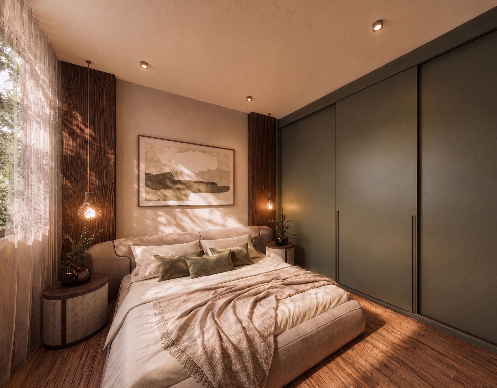 Main bedroom with dark wardrobe and warm wall lights