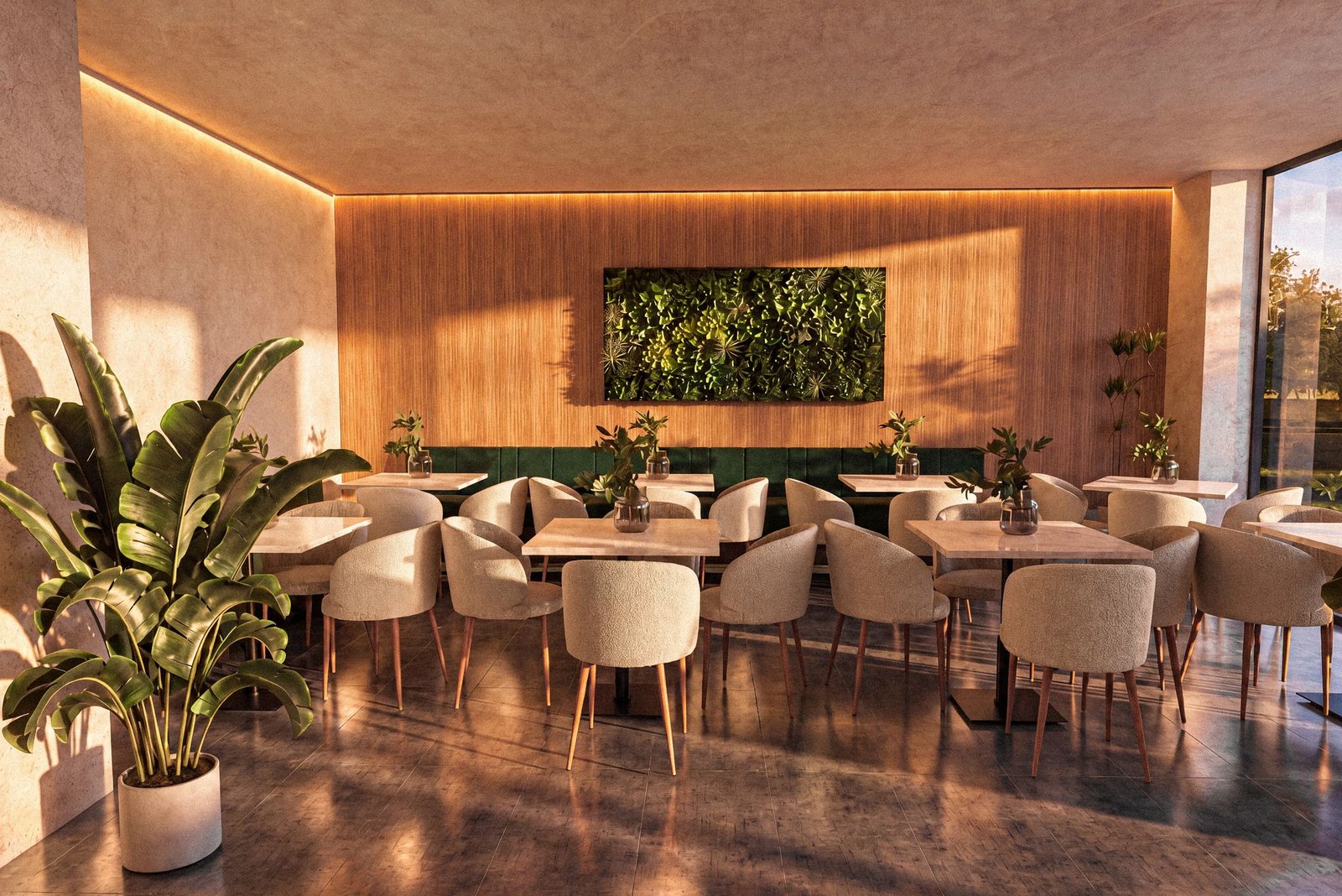 Dining room with wood panelling and green wall