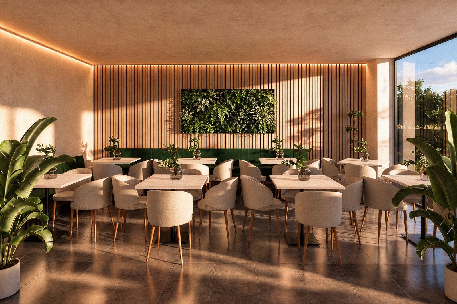 Dining area with large windows and plants