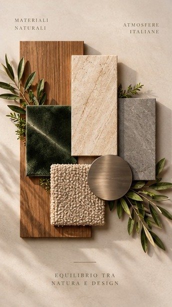 Material board: oak, green marble, travertine, stone, bouclé and bronze