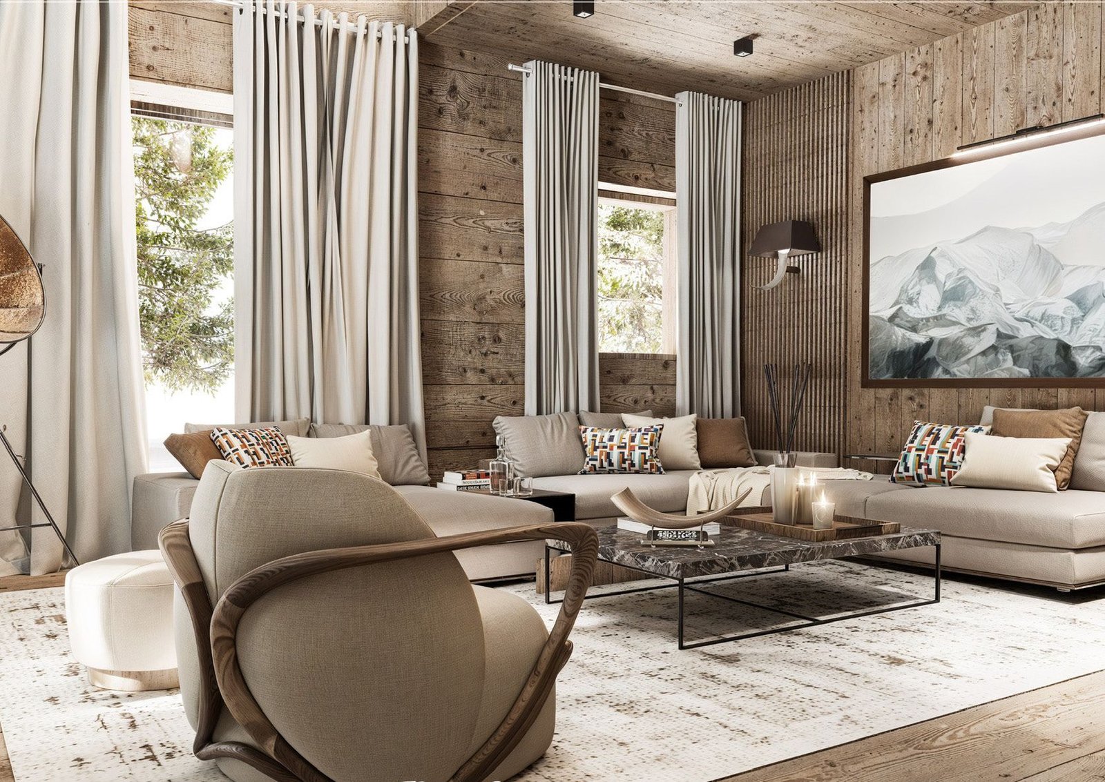 Chalet living room with weathered wood walls and linen sofas