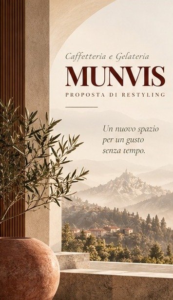 Munvis cover: café and gelateria restyling proposal, with an alpine view