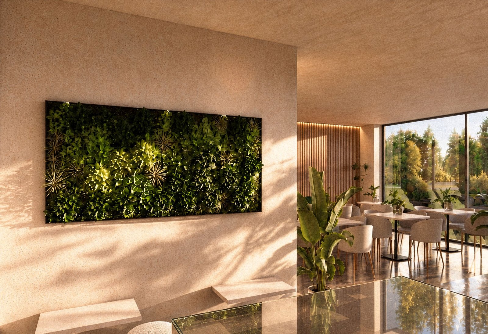 Living plant wall framed in wood