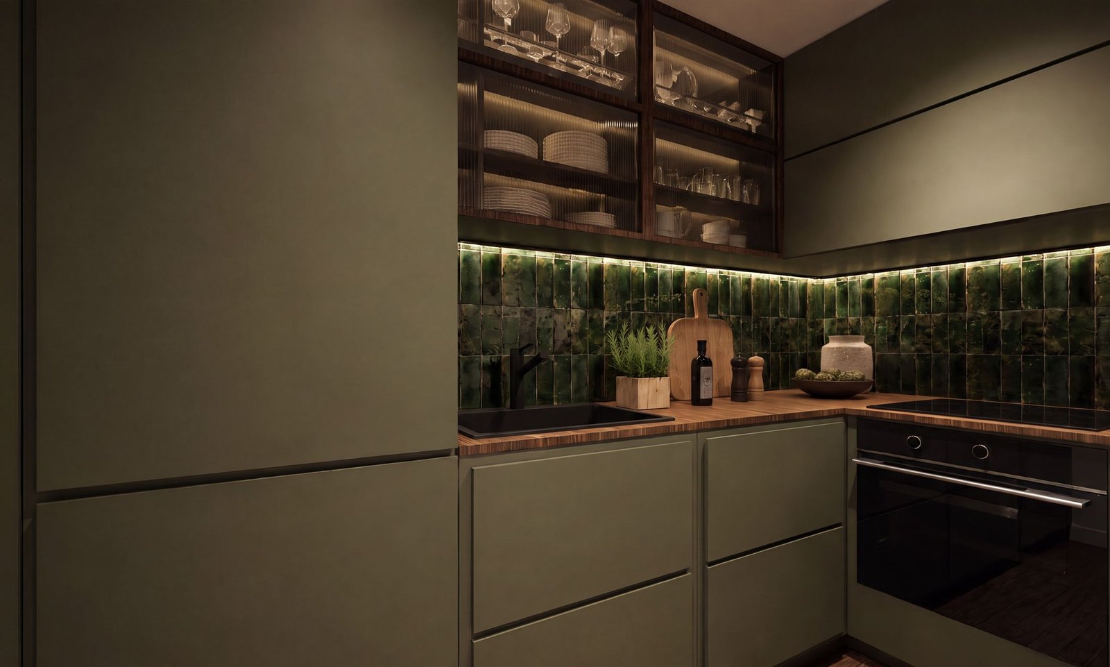 Olive green kitchen with open shelving