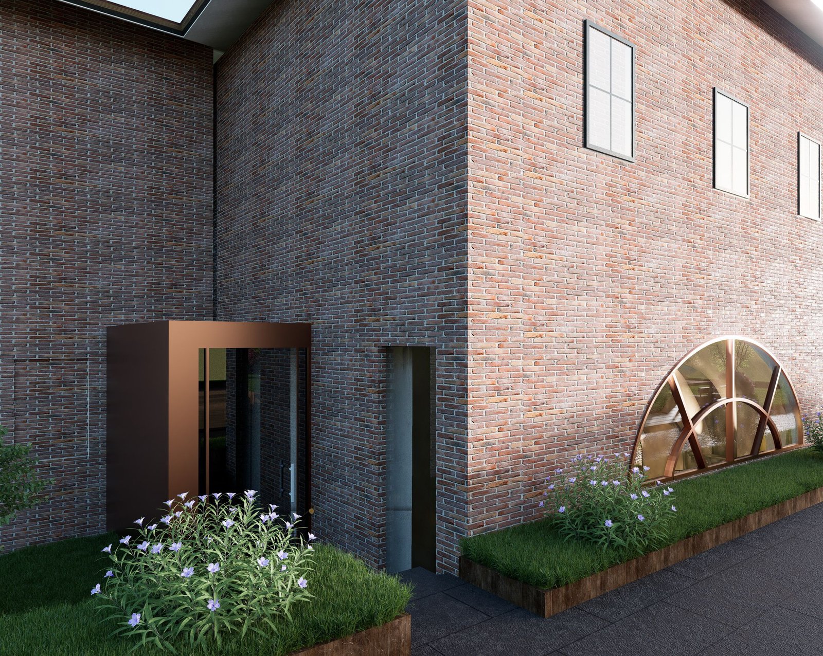 Brick facade with bronze entrance and arched window