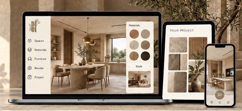 DiCi SPAZIO on laptop, tablet and phone: 3D interior view with a material selector