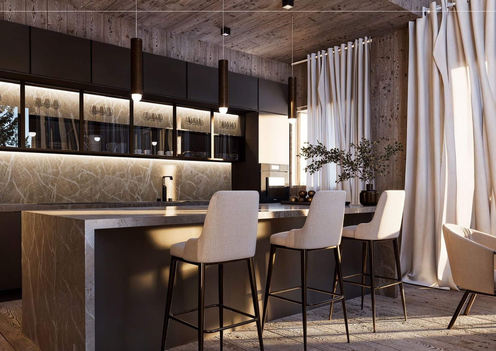Kitchen island in stone with white stools