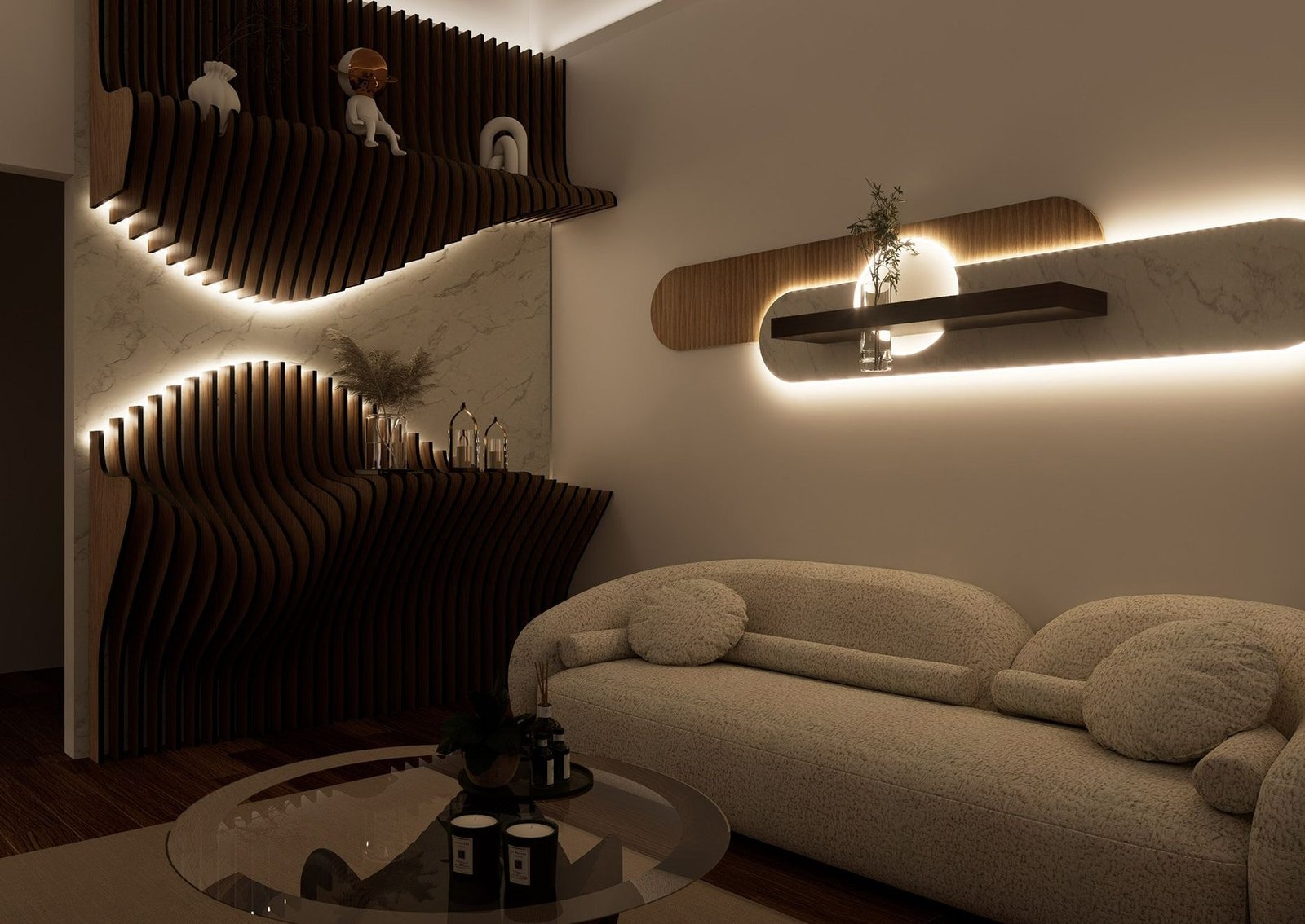 Parametric wooden ribs forming wall shelving with integrated light