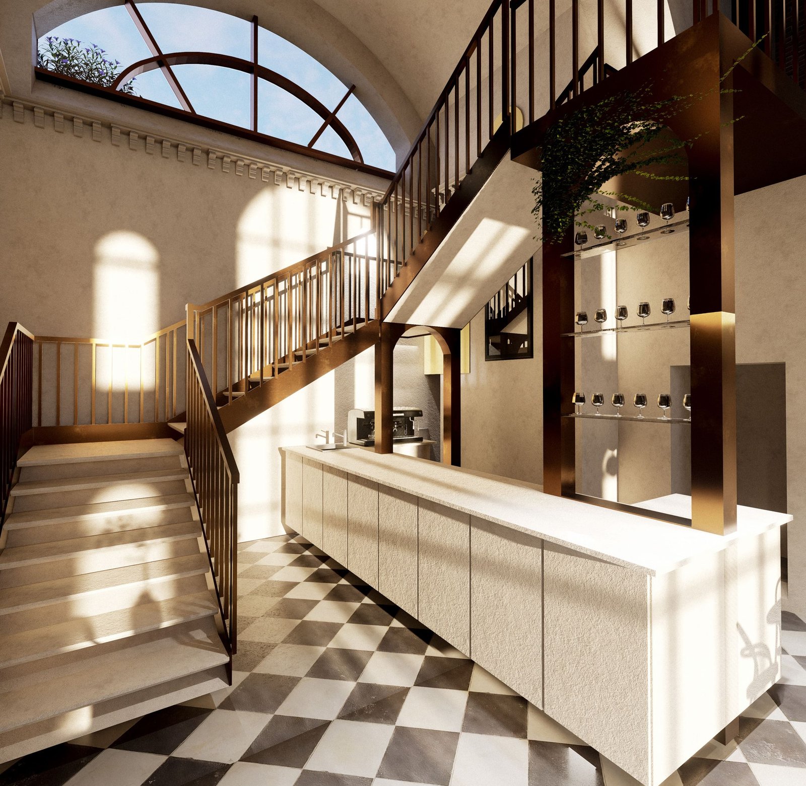 Staircase and bar inside a former church