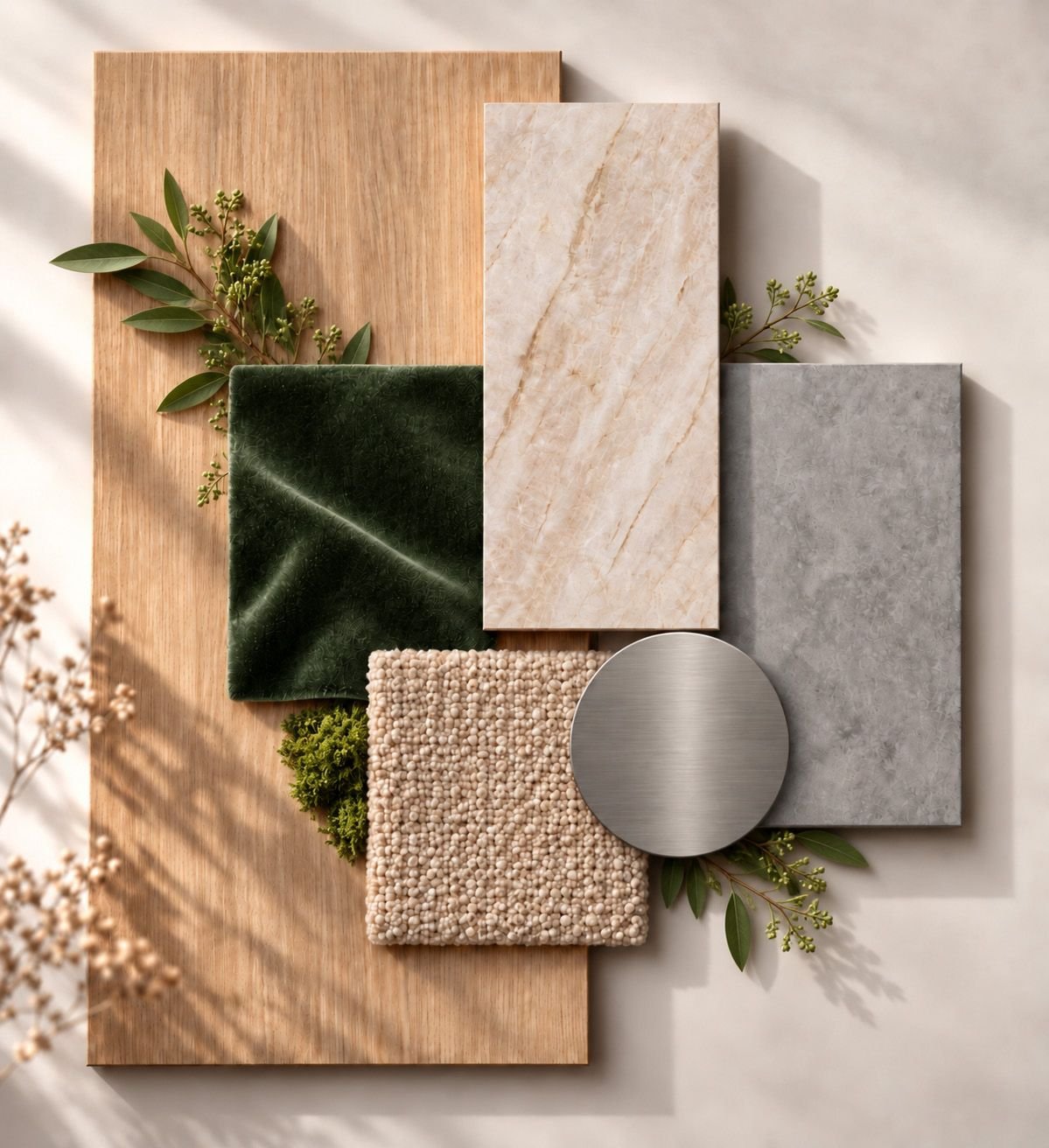 Material board with wood, stone, green velvet and bouclé samples