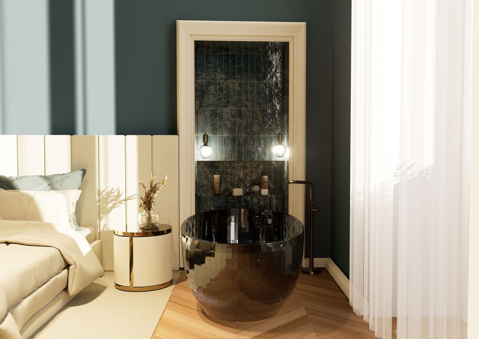 Freestanding dark bathtub beside the bed