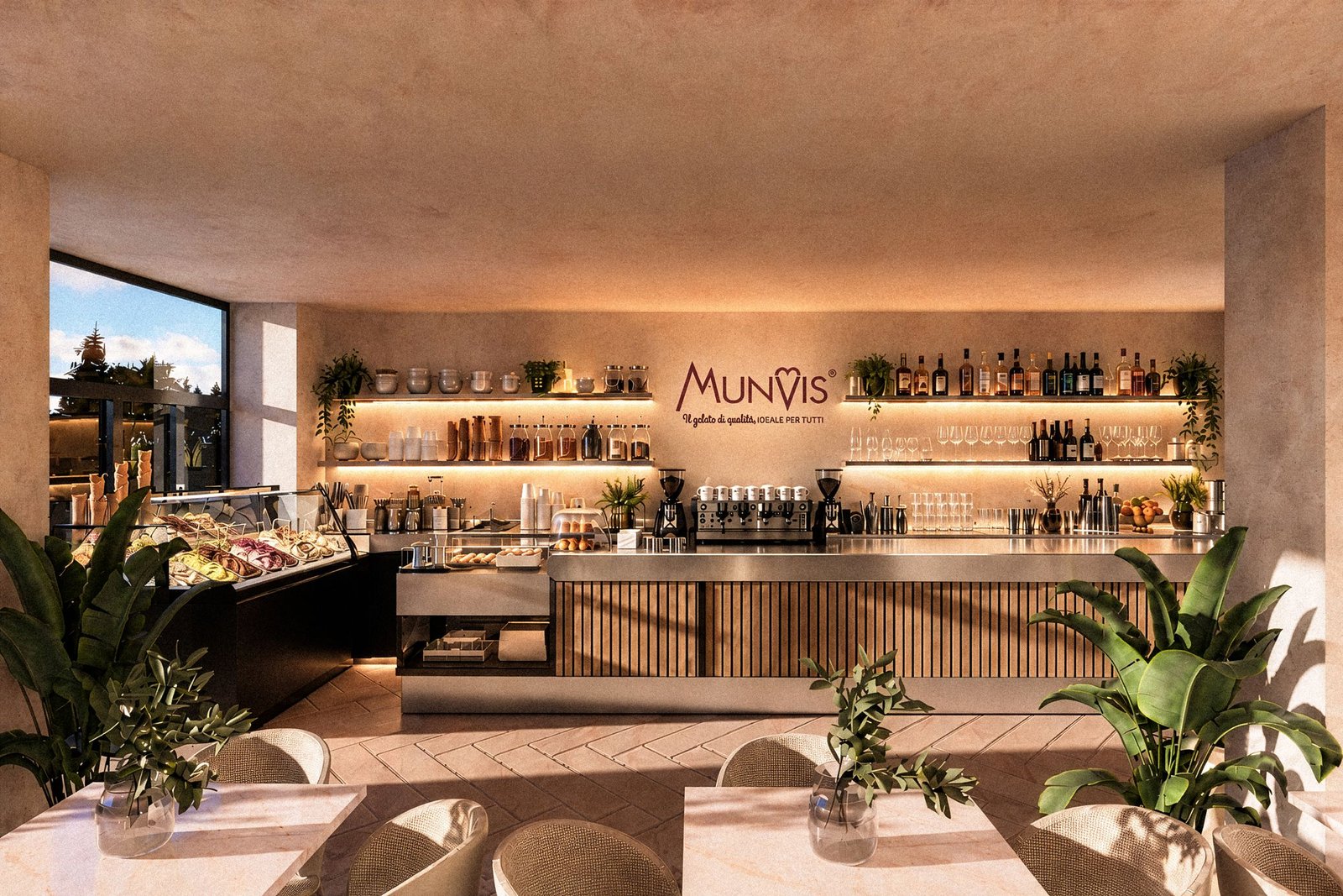 Café bar counter in fluted wood with warm indirect light and plants