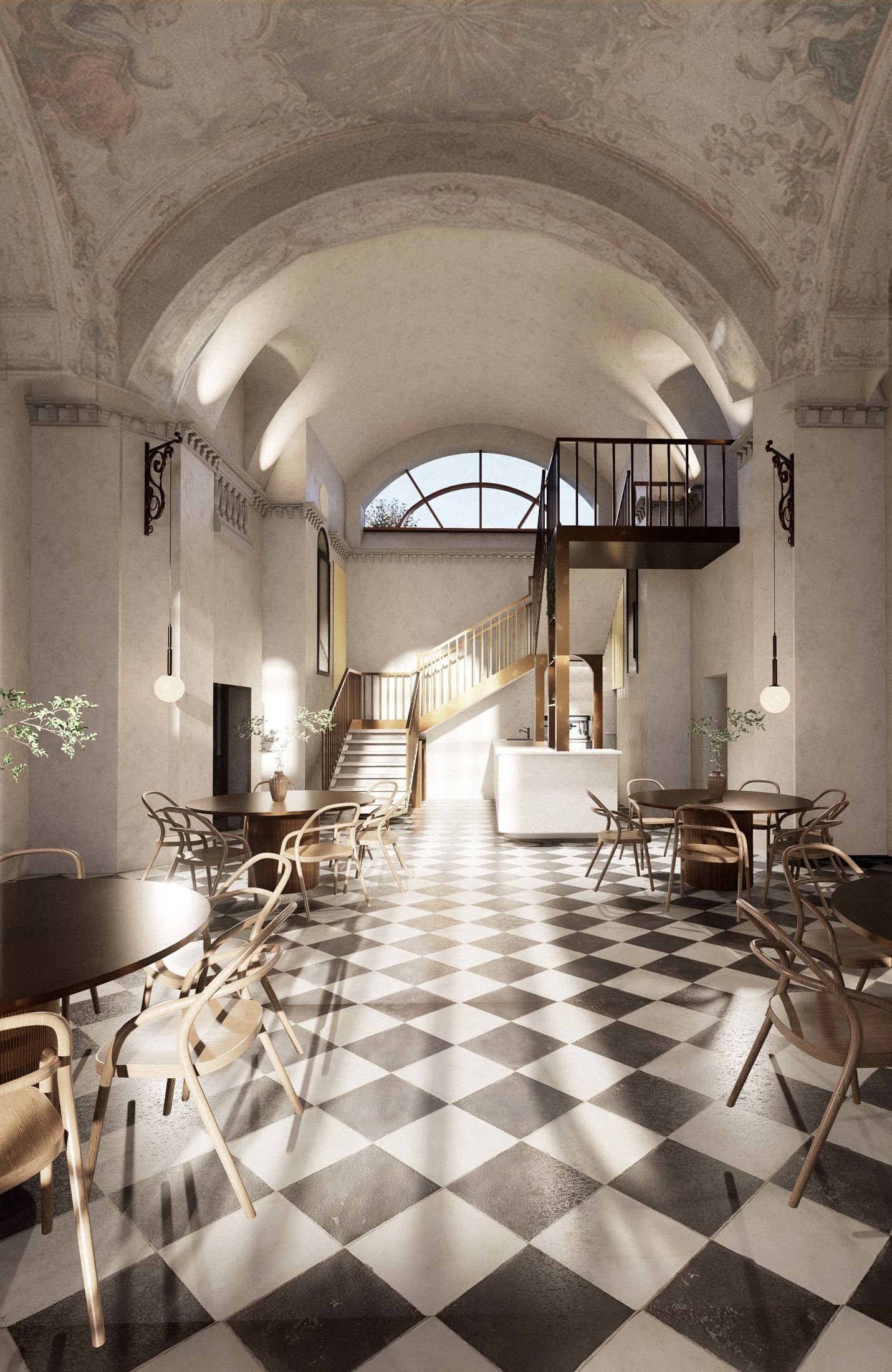 Nave with vaulted ceiling and checkerboard floor