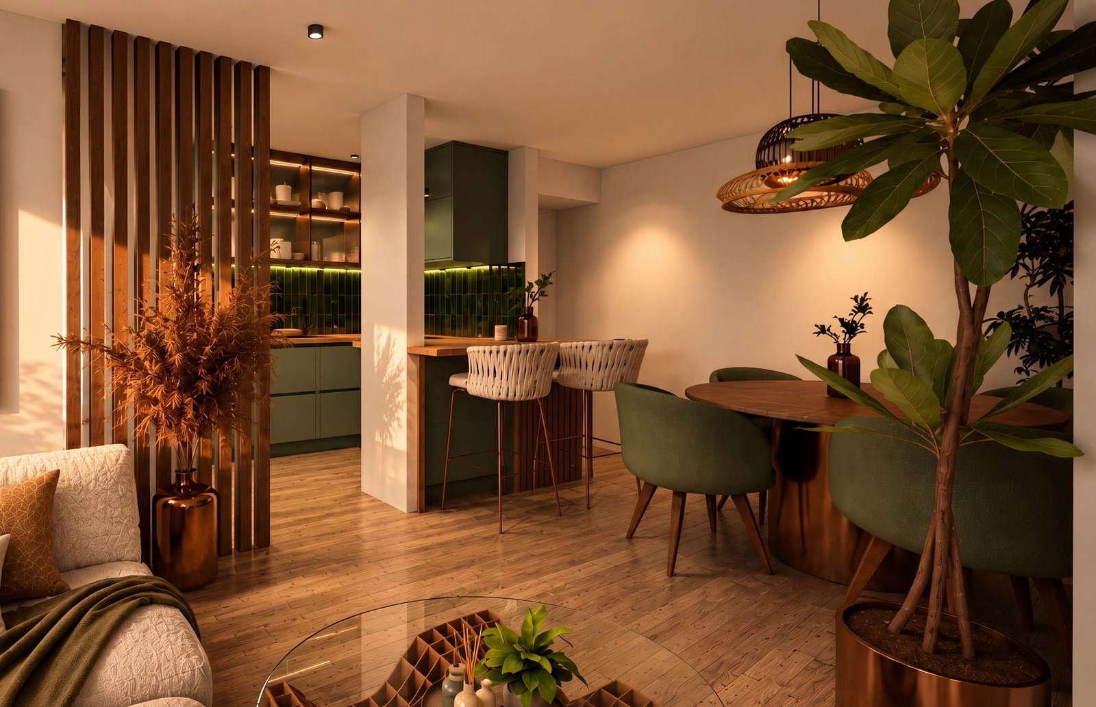 Living and dining area with oak slatted screen, olive armchairs and plants